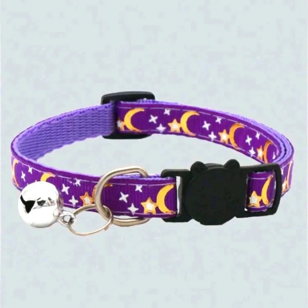 Cat or small dog pet purple collar moon star sailor buckle clip on bell adjustab